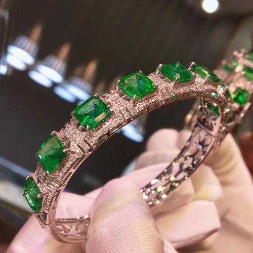 直播新款仿真天然祖母绿手镯 镀18k铂金镶钻奢华贵妇珠宝手环首饰